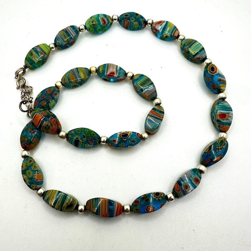 ~18" Teal/Blue Millefiore glass beaded necklace with Sterling‎ silver clasp!